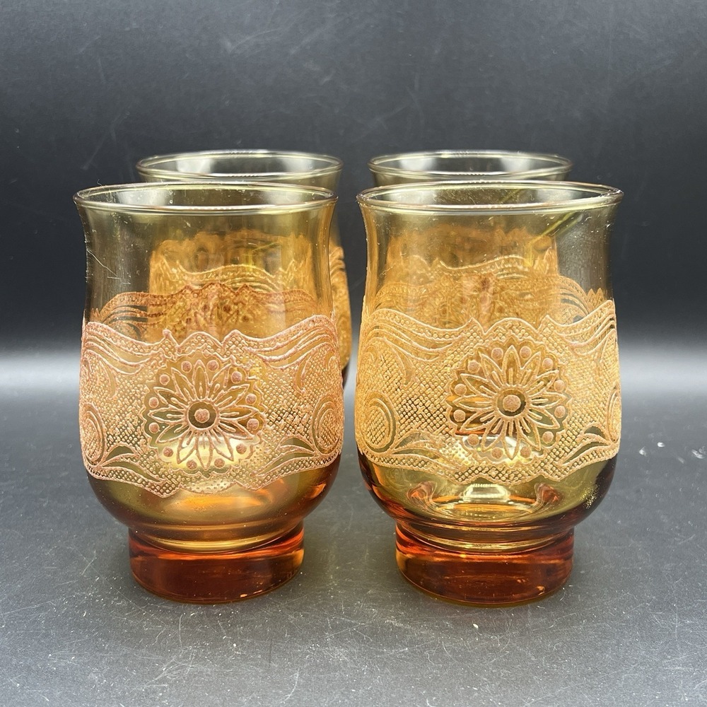 Libbey Americana Amber‎ Glasses Raised Textured Design Set of 4 Tumblers
